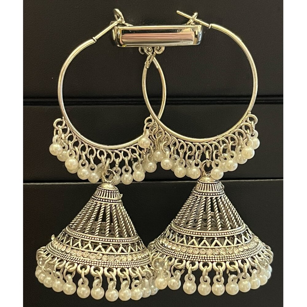 Indian Silver-Tone Pearl Drop Bell Hoop Earrings